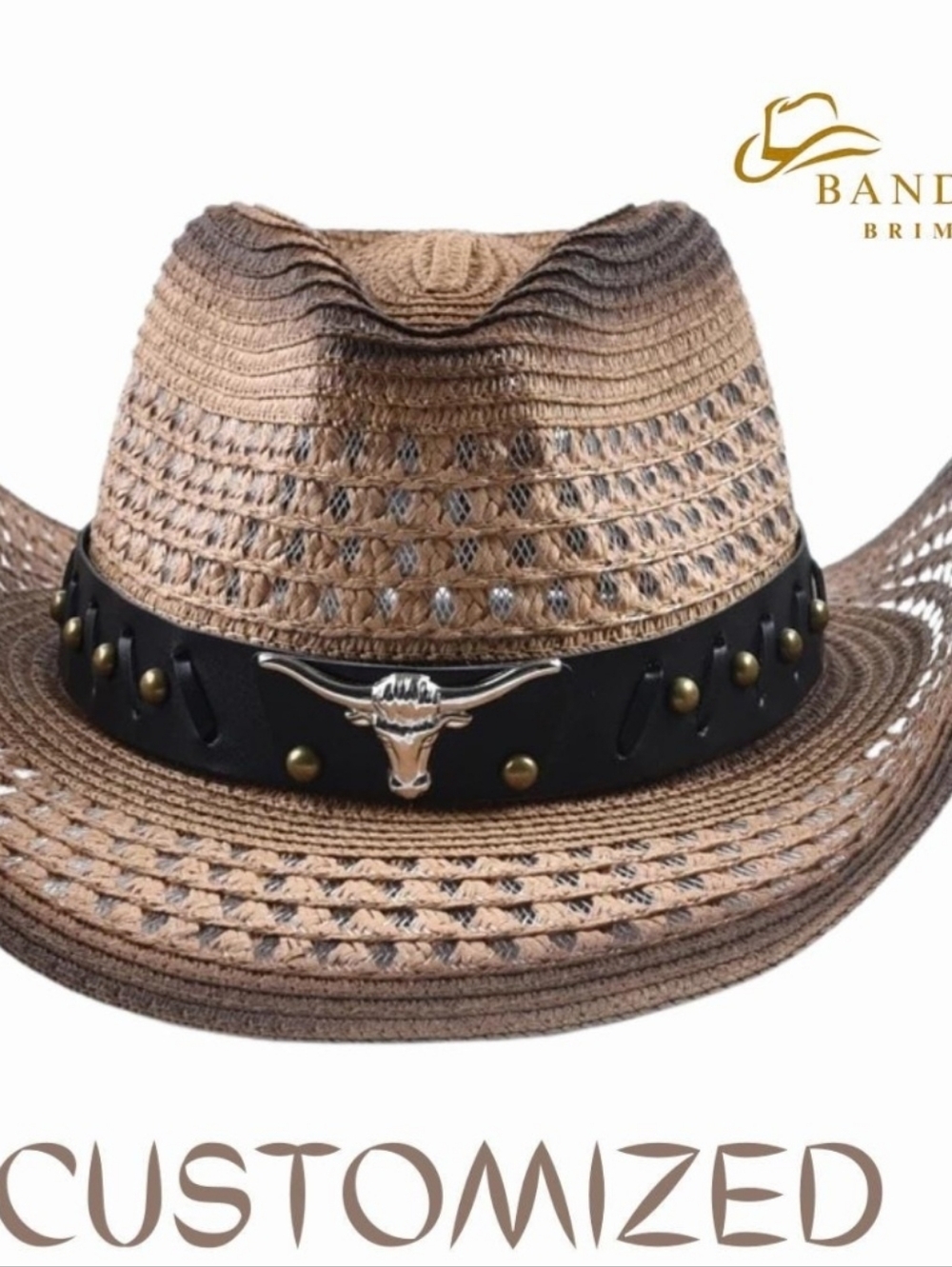 Brown Straw Cowboy Hat with Black Studded Band